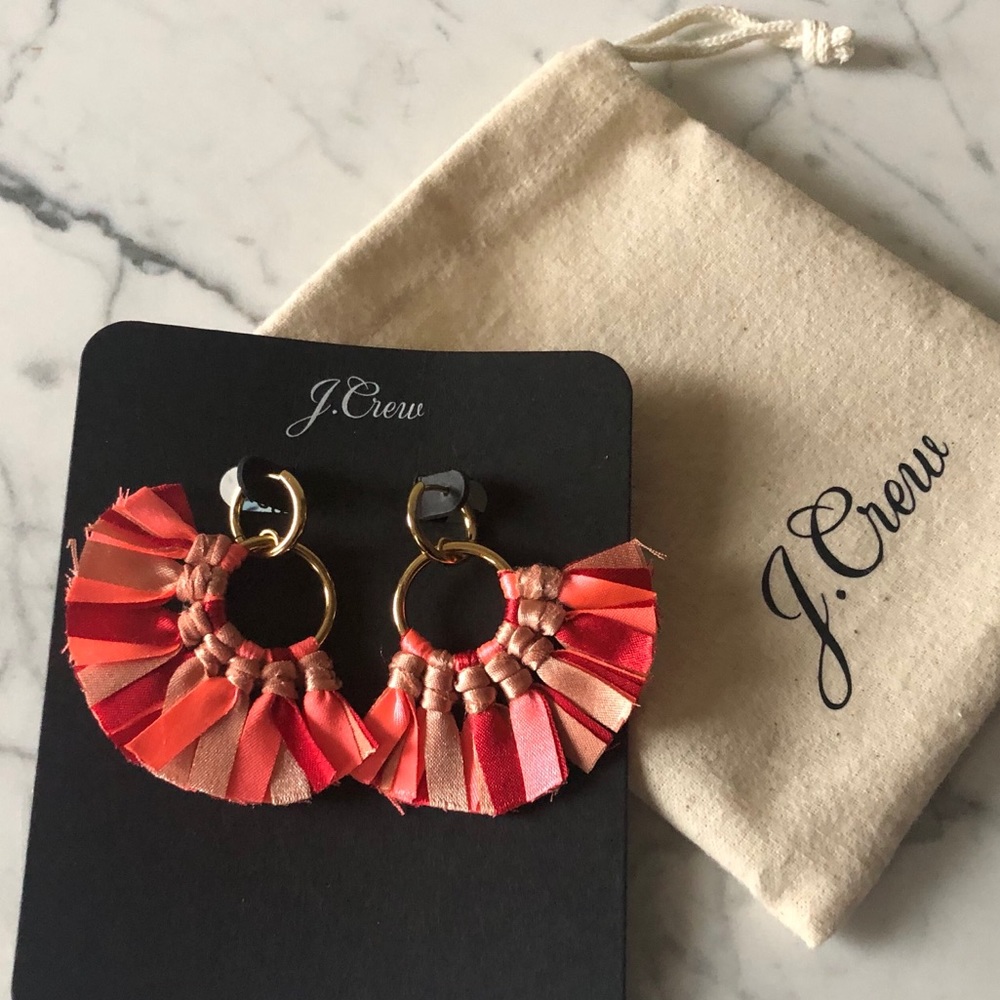 J Crew Fabric Fan Earrings in Pink, Red & Tan
